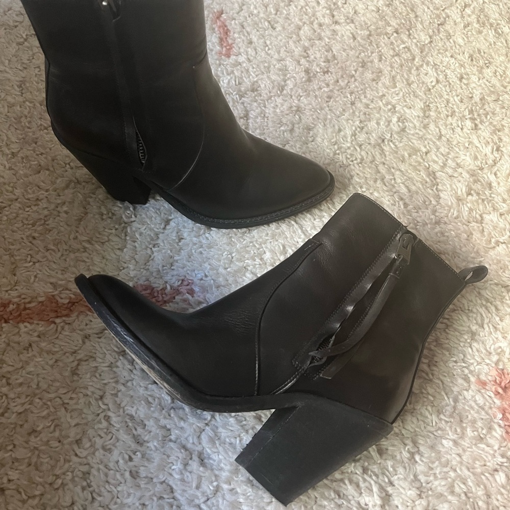 Allsaints side zip pointed toe leather boot with wood heel